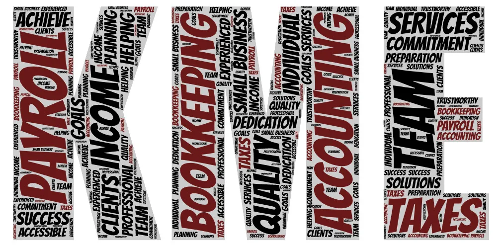 KME word-cloud sticker with the words payroll, income, bookkeeping, accounting, quality, team and taxes